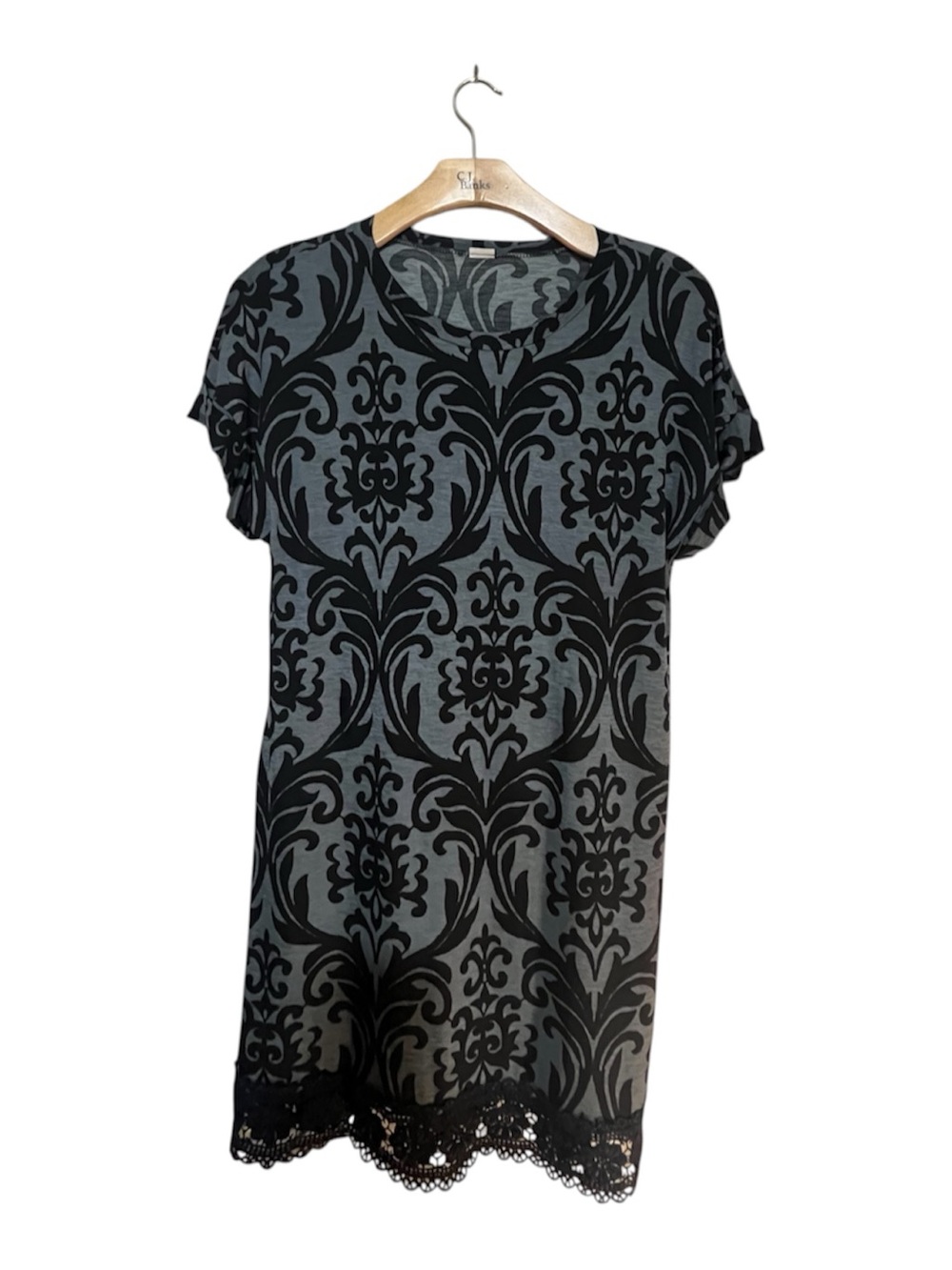 Black and Gray Floral Lace-Hem Tunic Dress